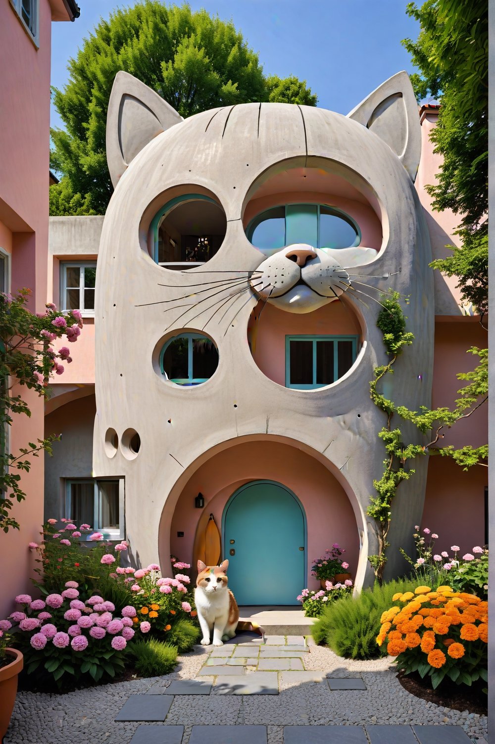 Photo of an external view of a house made for a cat lover. Everything inspired by the shapes of a cat, with emphasis on the giant head and the entrance to the house with bedrooms, living rooms, all inspired and accommodated inside a house that looks like a giant cat made of fine, well-finished concrete. Details inspired by the feline form and a fun integration of soft pastel colors. An award-winning photo. Flower garden in the courtyard.,<lora:659095807385103906:1.0>