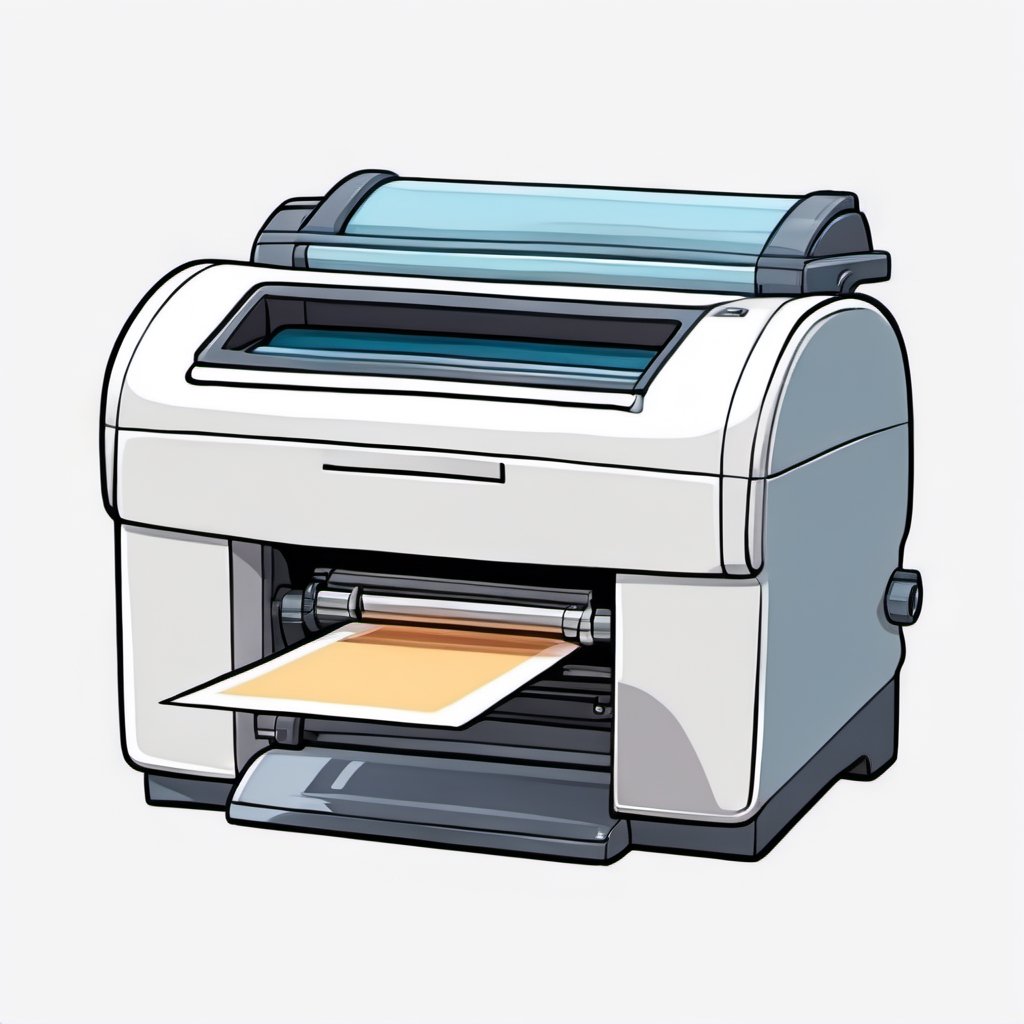a realistic printer. Cartoon style, thick brush stroke, soft color, overlay, 30 degree inclination. White background.