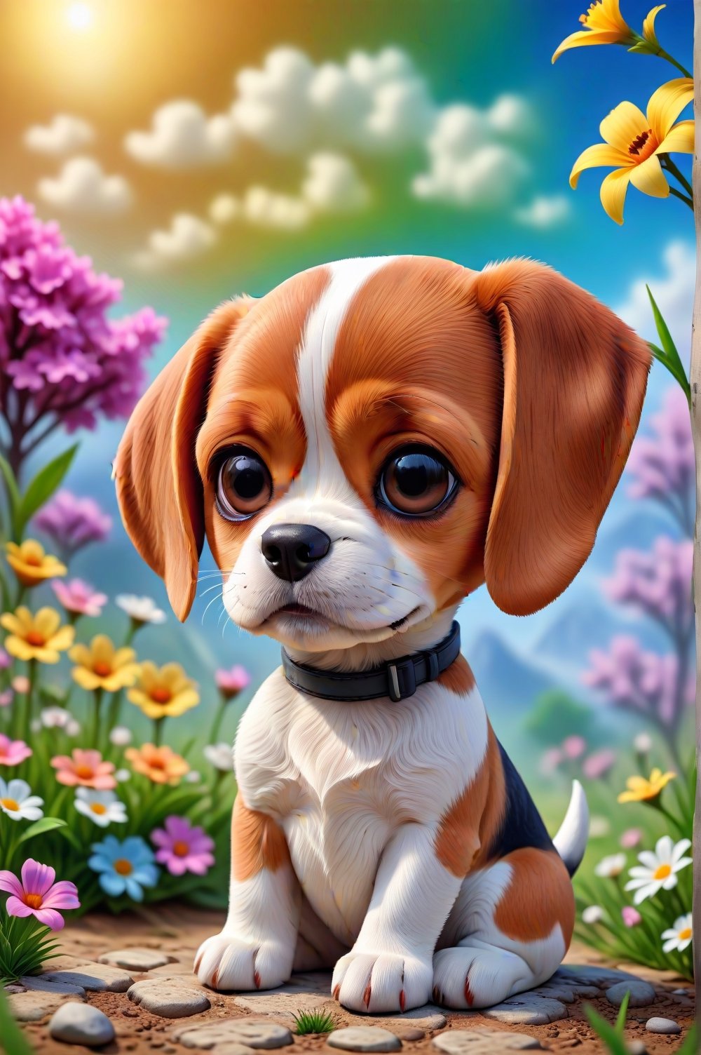 There is a little dog (Beagle race) sitting in a funny pose,  beautiful digital painting,  cute digital art,  cute little dog,  cute detailed digital art,  adorable and cute,  very cute little dog,  a cute little dog,  beautiful 3D rendering,  cute little dog,  cute and adorable,  visual image of a cute and adorable puppy. Spring weather in the background.,,chibi,,,,<lora:659095807385103906:1.0>,<lora:659095807385103906:1.0>