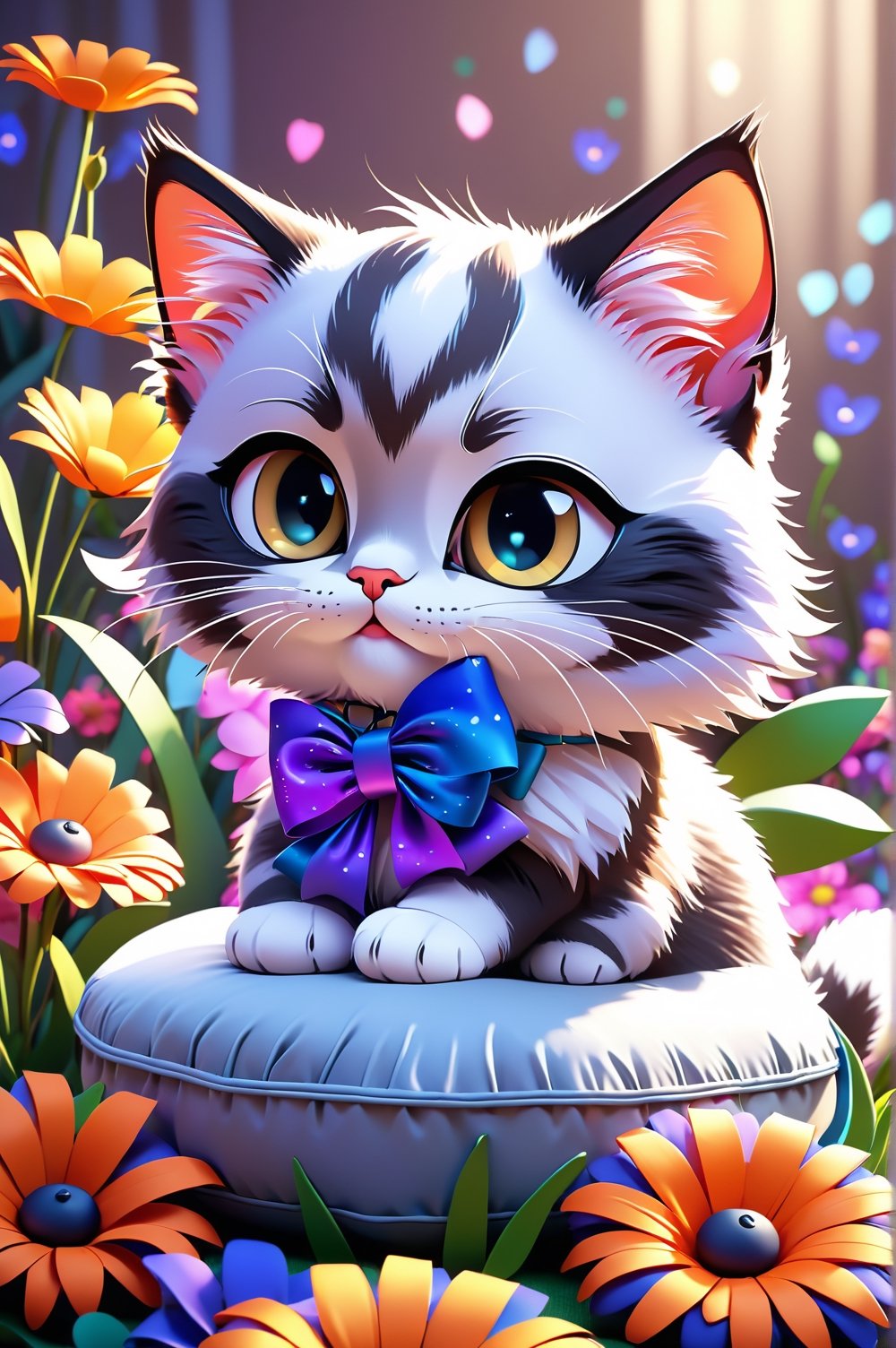 Cute drawing, beautiful chibi funny kitten sitting on a monochromatic cushion, with a bow around its neck, surrounded by colorful flowers. Pixar style, 12K, bright and vivid colors, defined edges, high quality, HD, octane rendering, cinematic lighting, 2.5d cgi anime fantasy art, realistic drawing, cartoon painting, award-winning rendering.