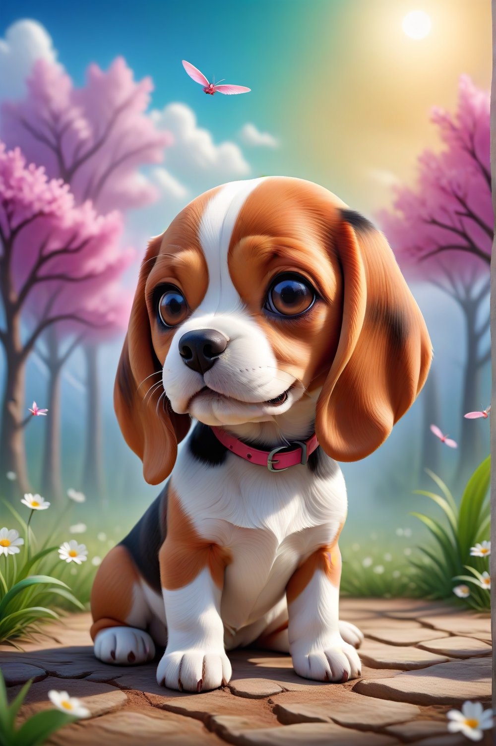 There is a little dog (Beagle race) sitting in a funny pose,  beautiful digital painting,  cute digital art,  cute little dog,  cute detailed digital art,  adorable and cute,  very cute little dog,  a cute little dog,  beautiful 3D rendering,  cute little dog,  cute and adorable,  visual image of a cute and adorable puppy. Spring weather in the background.,,chibi,,,,<lora:659095807385103906:1.0>