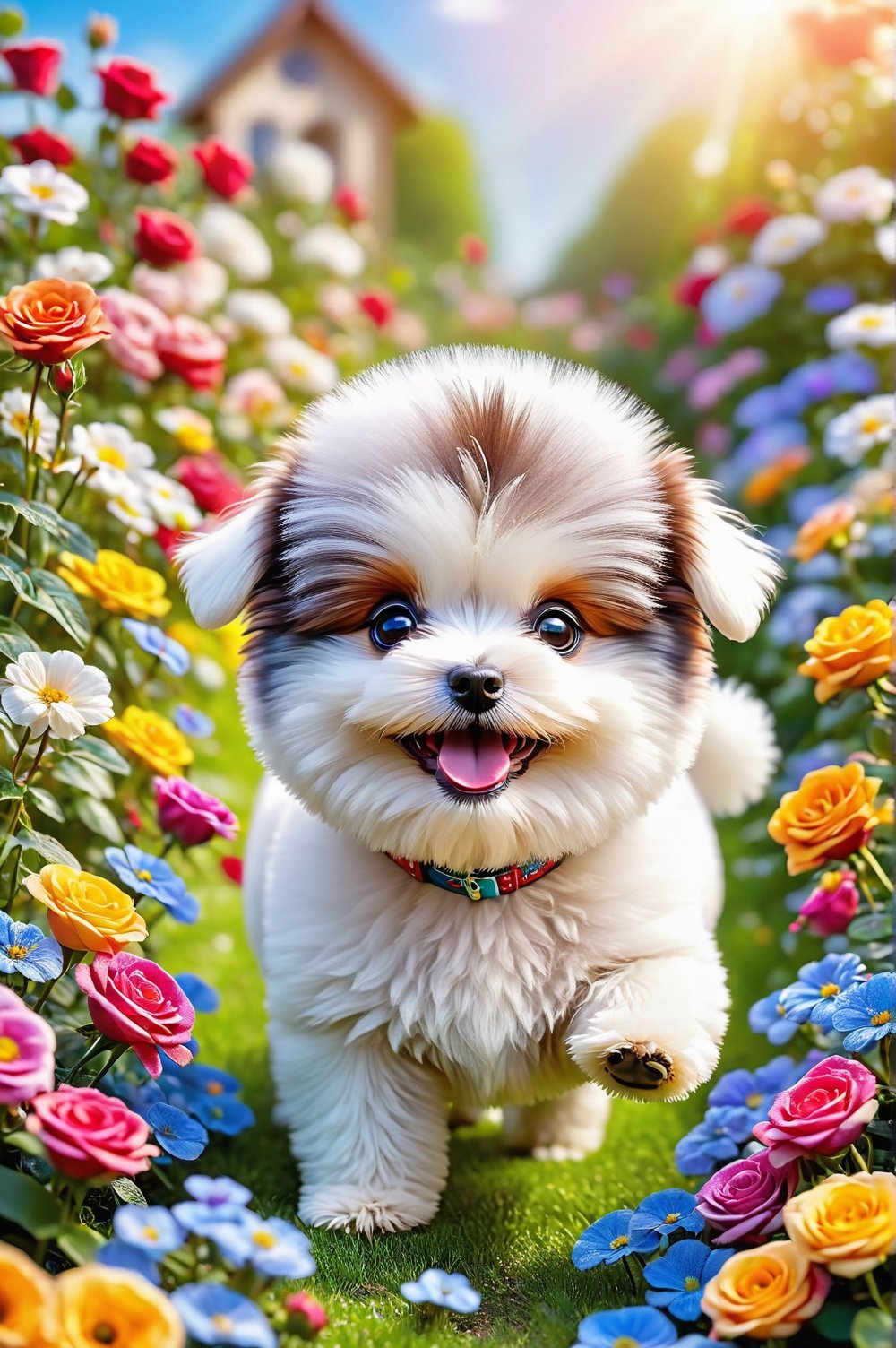 Chibi of a cute and picturesque little dog [Bichon Frizé] with happy and cute appearance, in the center of a garden of colorful flowers and roses. Macro photography by Miki Asai, close-up, blue sky, rainbow, super detailed, trending on artstation, sharp focus 1.5, studio photography, intricate details, high detail, Greg Rutkowski 9k