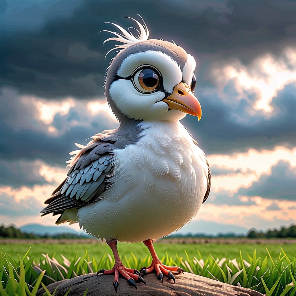 adorable chibi pixar style lapwing bird in the middle of the open field worried about the closed weather, dark clouds as a storm is brewing with a tornado behind, easter environment, photorealistic, cute, hdr, shaded, lens, focus on the rabbit , lighting, hyper-detailed, filigree, big round detailed eyes, detailed, adorable, Jean Baptiste Monk, Carol Buck, Tyler Edlin, Perfect Composition, Beautifully Detailed, Trending on Artstation, 8K Fine Art Photography, Photorealistic Conceptual Art, Volumetric Cinematic Perfect Light , Natural brightness and contrast, Chiaroscuro, Award-winning photography, Masterpieces, Digital Art, rafael, caravaggio, greg rutkowski, belle, bexinski, giger, children's fairy tale style, bright and vivid colors without saturation.