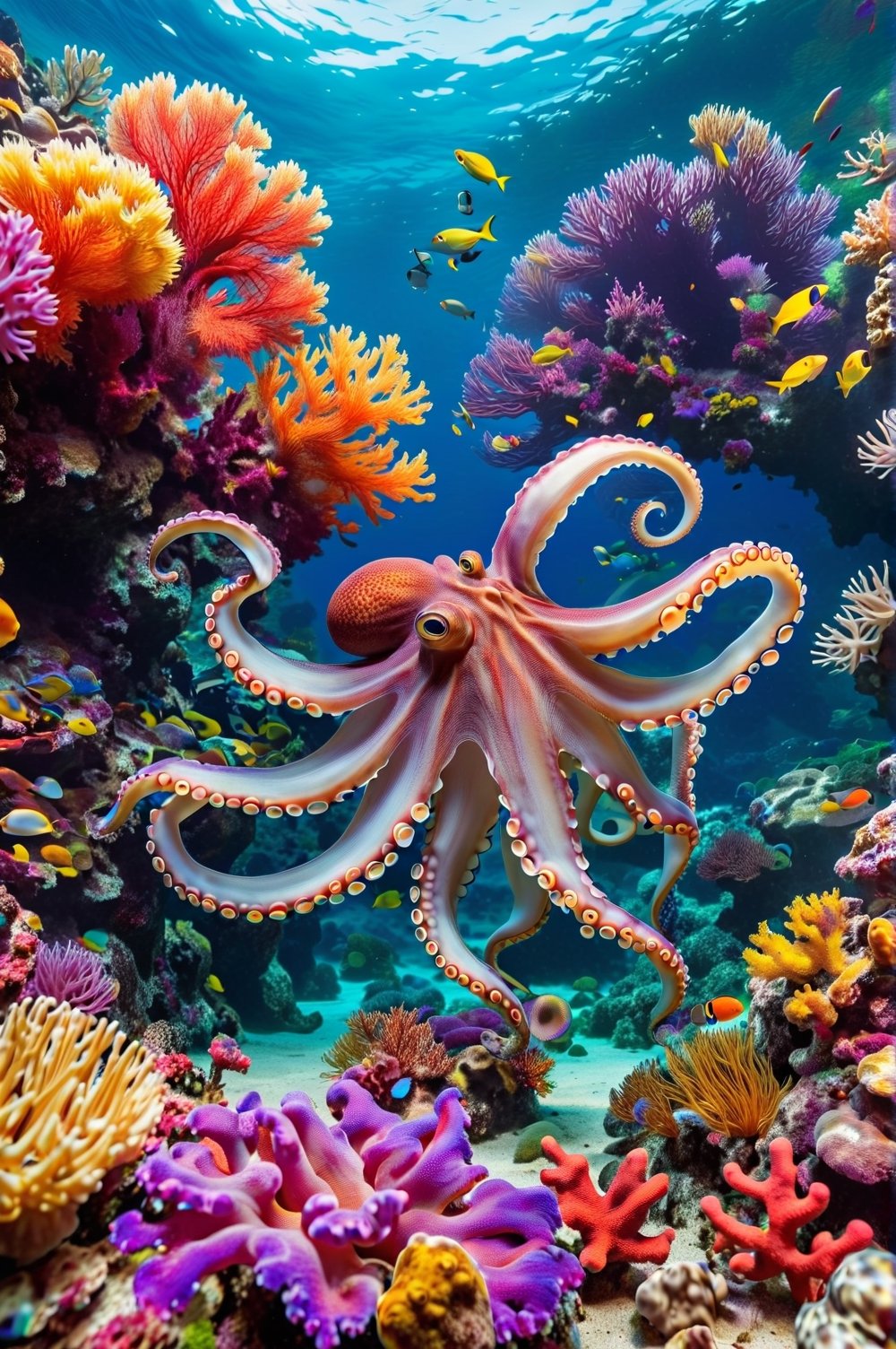 Photo of giant octopus at the bottom of the sea in its coral environment. School of colorful fish, natural aquatic environment, clear and clean waters. Extremely realistic. A memorable photo.