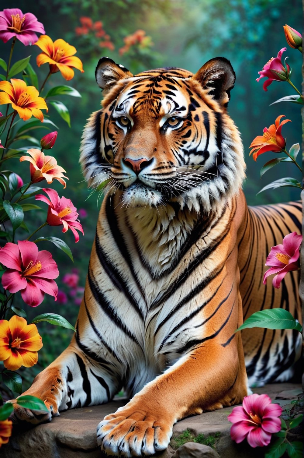 Close-up of majestic tiger in graceful pose in three-quarter view, colorful flowers around. Extremely realistic. A memorable photo.