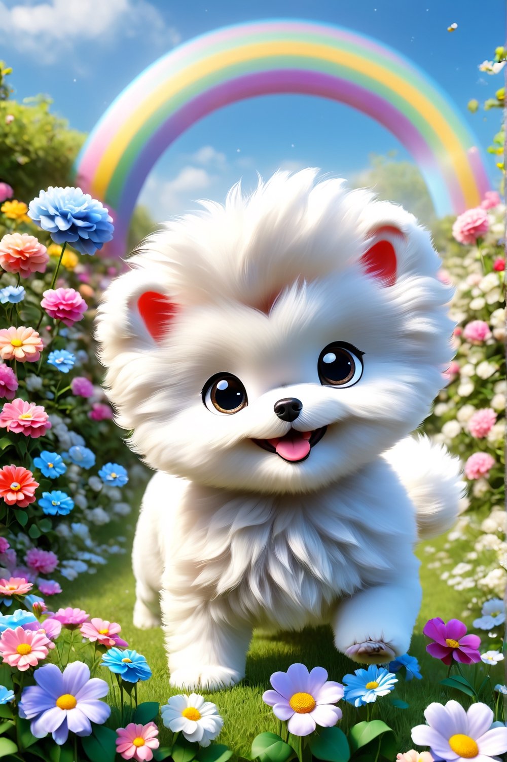 Chibi de um cachorrinho fofo e pitoresco [Bichon Frizé] com um sorriso super fofo. rosas, no centro de um jardim de flores coloridas, céu azul, arco-íris, super detalhado, tendências no artstation, foco nítido 1.5, fotografia de estúdio, detalhes intrincados, alto detalhe, Greg Rutkowski 9k