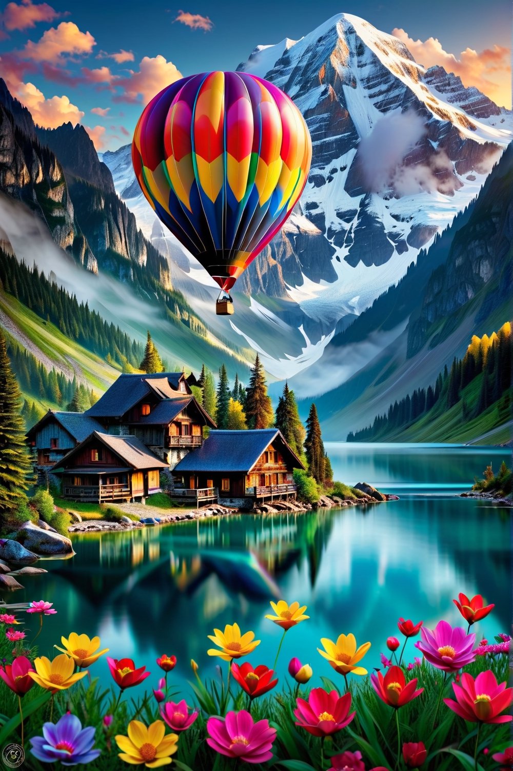As [summer] approaches, the mind is transported to a stunning setting, a chalet at the foot of the mountain, on the edge of a crystal clear lake that reflects a beautiful giant balloon colored with many seasonal flowers, which looks like something out of a fairy tale. This landscape is so magnificent that it transcends words. Textured details in high quality and resolution bring exceptional precision and realism to portray the joy of the season. With meticulous color adjustments and perfect lighting, images capture the mood with low noise and sharp edges, creating harmonious compositions that are truly award-winning works.
