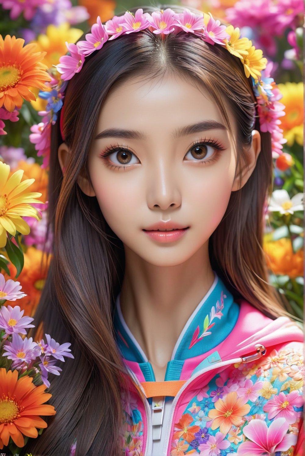 award-winning photo, A beautiful girl, Angelababy, young woman's sportswear and surrounded by bright colorful flowers, detailed skin, skin pores, magical fantasy, long hair, intricate, sharp focus, highly detailed, 3D, bronw eyes, Angelababy.