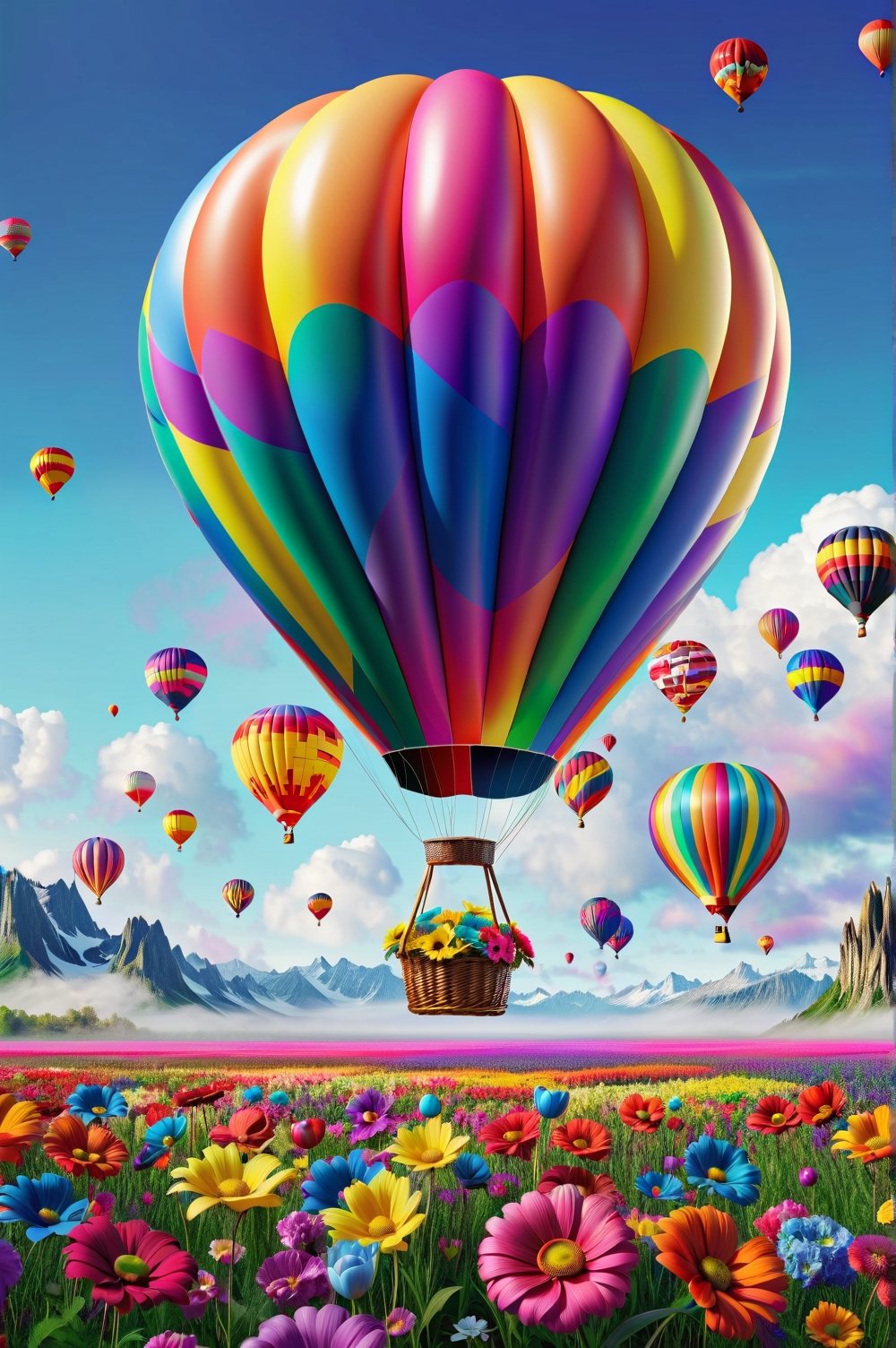 Close-up of an inflated colorful balloon, flying and carrying a basket of colorful flowers. Balloon Explorer, digital rendering, contemporary era, bright colors. Extremely realistic. A memorable 