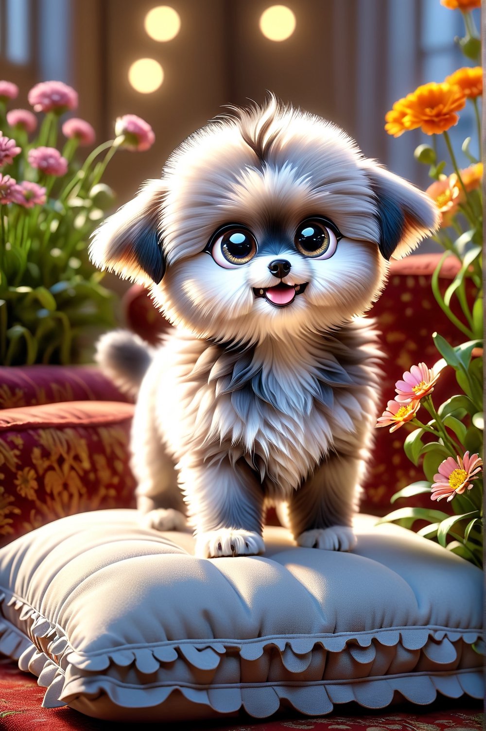chibi adorable pixar style white puppy [Bichon Frise], standing on 4 paws on top of a cushion, details with small colorful flowers, photorealistic, cute, hdr, shaded, lens, focus on kitten, lighting, hyperdetailed, filigree, big round eyes detailed, detailed, adorable, Jean Baptiste Monge, Carol Buck, Tyler Edlin, Perfect Composition, Beautifully Detailed, Trending on Artstation, 8K Art Photography, Photorealistic Concept Art, Volumetric Cinematic Perfect Light, Natural Brightness and Contrast, Chiaroscuro, Award-Winning Photography, Masterpiece, Digital Art , rafael , caravaggio, greg rutkowski, belle, bexinski, giger, children's fairy tale style, bright and vivid colors without saturation.
