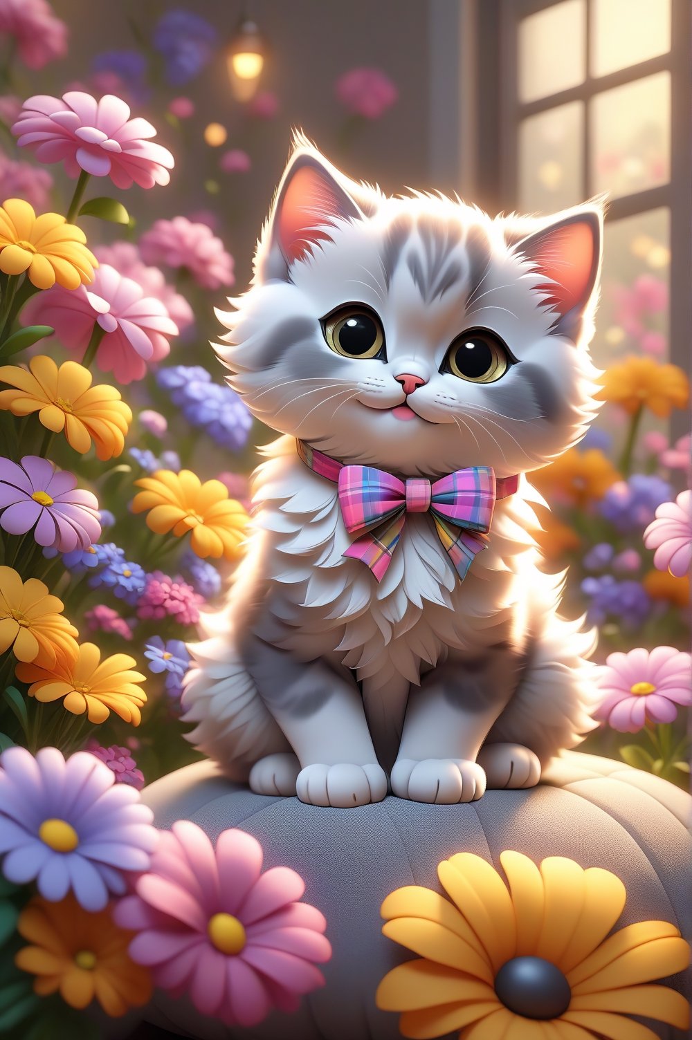 Cute cartoon, beautiful kitten (Scotish Fold) sitting on a monochrome cushion, smiling with a bow around its neck, surrounded by colorful flowers. Pixar style, 12K, bright and vivid colors, defined edges, high quality, HD, octane rendering, cinematic lighting, 2.5d cgi anime fantasy art, realistic drawing, cartoon painting, award-winning rendering, an image generated by AI.