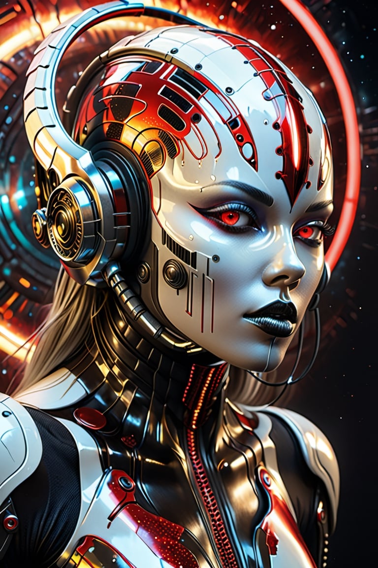 a white and silver Gold space helm cover face with Tribal on it, in the style of futuristic space elements Scorn glamour, animated gifs, stefan gesell,a detailed full body photo of a female cyborg with red metal side on facing veiwer with Galaxy mars moon dust in her and colorfull cosmic void back ground,dripping paint,DonMCyb3rN3cr0XL ,cyborg style algorithmic artistry, android jones, tim hildebrandt, pop art with a dark sine of the moon Scorn Hr Giger ,Monster,detailmaster2,neon photography style,beyond_the_black_rainbow,more detail XL
