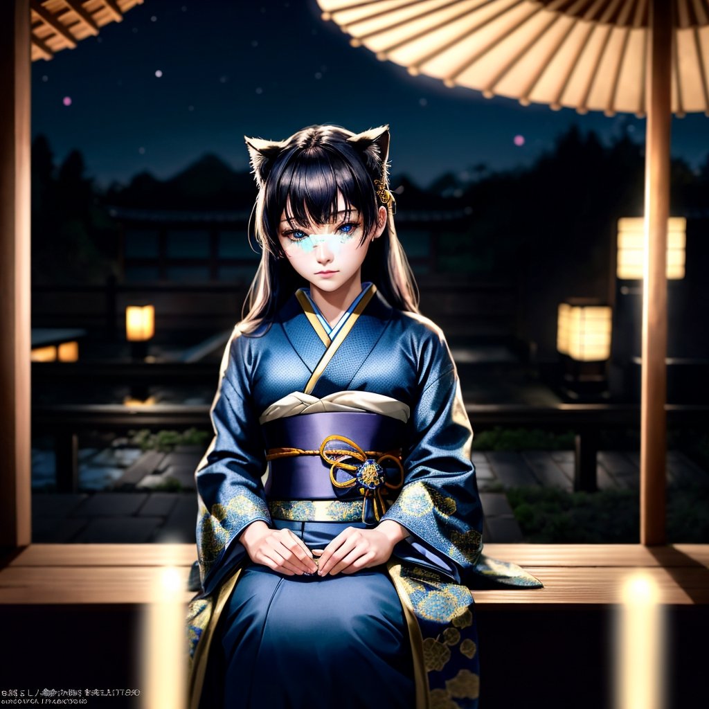 Anthropomorphic Slender female panther wearing a blue/gold kimono sitting looking into the garden from a Patio of a Japanese traditional house, nighttime full of stars, 16mm, color graded portra 800 film, remarkable color, ultra realistic, textured skin, realistic dull skin noise, visible skin detail, skin fuzz, dry skin, shot with cinematic camera, high quality photography, 3 point lighting, flash with softbox, 4k, Canon EOS R3, hdr, smooth, sharp focus, high resolution, award winning photo, 80mm, f2.8, bokeh