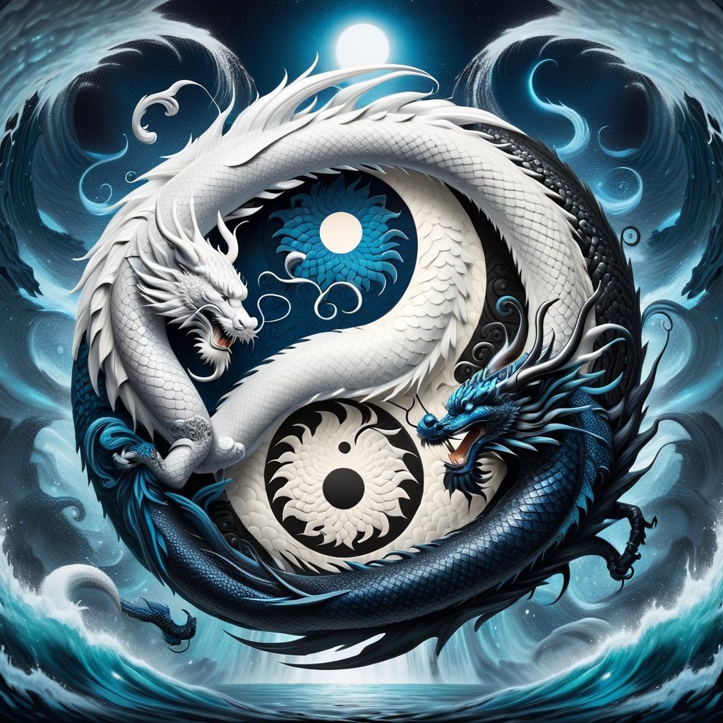 Yin-yang, where the one side is a full body White Tiger and the other side is a black holomashdragon Chinese dragon, Dragon Made of Scales, Black with Blue Stripes detailed and intricate dragon design, Waterfall silhouette, Circle, dragon