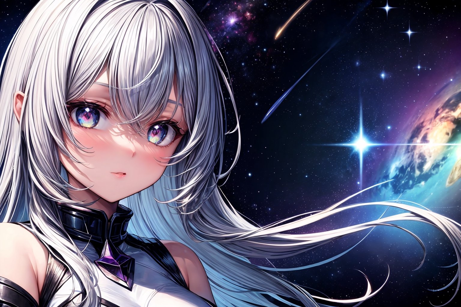 1girl, white hair, symbol-shaped pupils, space goddess, galaxy, light particles, light rays, wallpaper, high contrast, colorful,