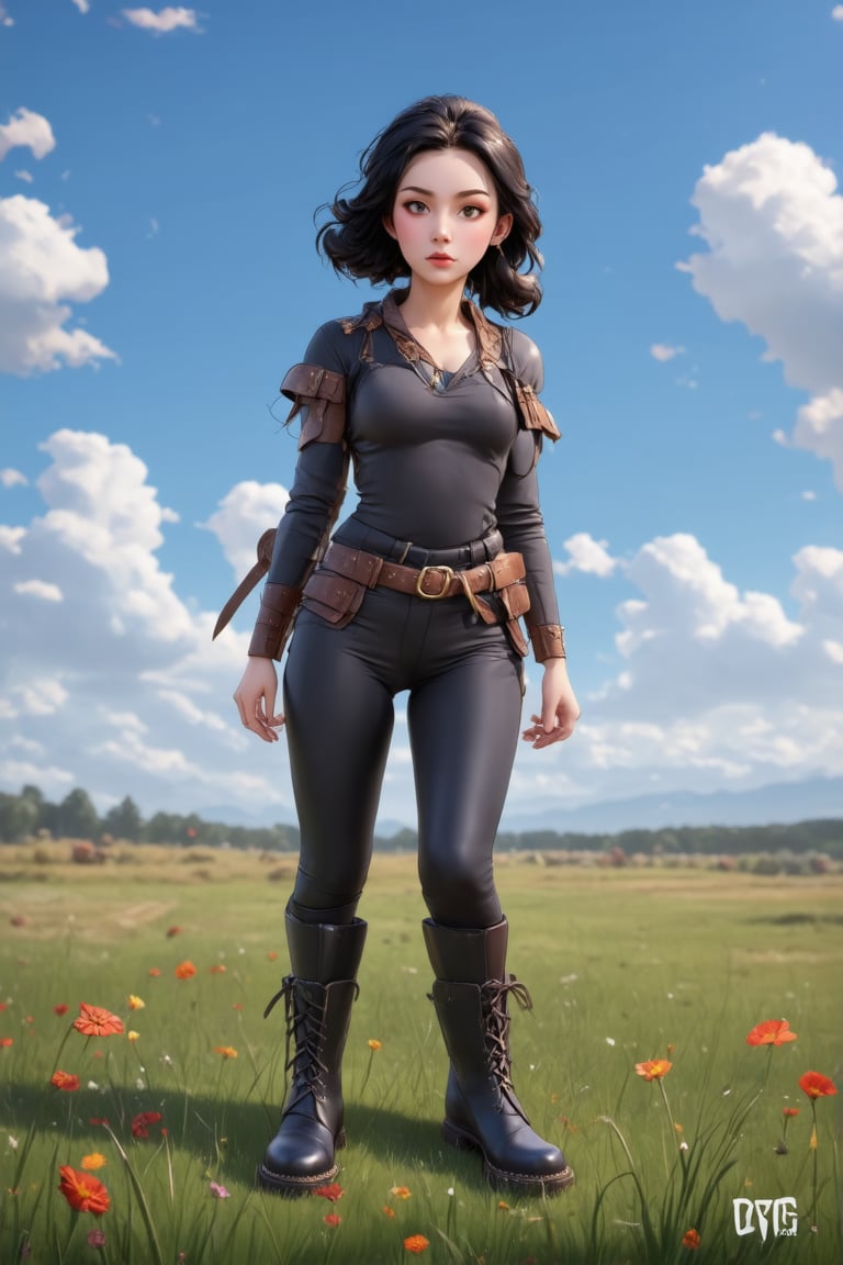 women. beautiful detailed face, black hair, pale skin, light skin, realistic skin, detailed fabric texture, detailed hair texture, perfect proportion, accurate, anatomically correct, highly detailed skin and face texture, modern, photorealistic, perfect face, hyper realism, mega realism, high quality. warrior, ancient mongolia, messy hairstyle. whole body. black pants, black boots,digital art