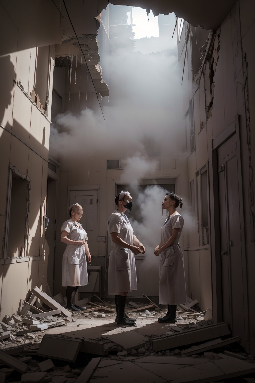 A hauntingly eerie scene unfolds: a group of nurses in worn, 1950s-style uniforms, their faces pale and tired, stand solemnly amidst the crumbling remains of an abandoned hospital. The flickering fluorescent lights above cast long shadows across the walls as they gaze down at something on the floor. Their expressions convey a mix of sadness, fear, and resignation. In the background, the eerie mist-shrouded fog creeps in through broken windows, adding to the sense of foreboding.