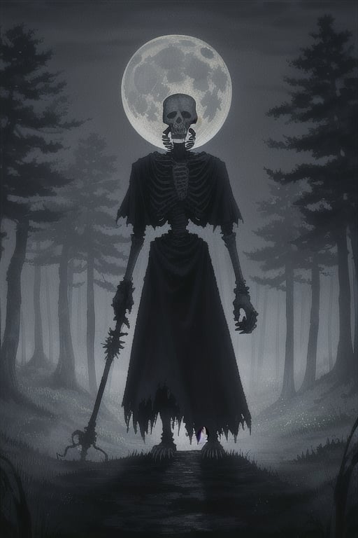 A skeletal figure stands dramatically in front of a dark, misty forest, illuminated only by the faint light of a full moon hanging low in the sky. The skeleton's bony hands grasp a gnarled staff, its fingers curled around it like skeletal claws. The atmosphere is eerie and foreboding.