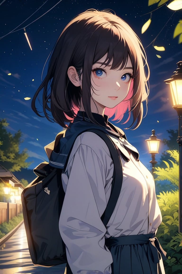 1 girl, portrait, anime style, night light, charming, nature 