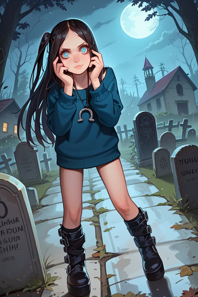 score_9, score_8_up, score_7_up. (gothic style one girl, handsome  18 year old gothic girl, hyper cute, all black themed clothings, black platform gothic sneaker, cowboy shot, looking at viewer , (1girl) siting with legs crossed on a tombstone , looking worried, questioning expression, closeup , portrait, shocked, skewed lips, on lip side up "yuk!" Disgust, hands on cheeks ; OMG!,  ,(wearing a cozy fuzzy black oversized sweater), dark, mysterious, haunting, super cute girl, smiling, cowboy shot, focus on face , looking at viewer  extreme dramatic, ((long hair)) ornate, gothic themed image , extreme detailed image, digital painting, masterpiece, g0thicPXL, glowing, heavy rain, very wet body, very wet hair, drenched wet hair, neon, eerie glow from tombs, zombies, toon, long slender body, freckles, (((semi-realistic))),  slender body, long legs, extreme ultra detailed perfect eyes, blue eyes, expressive angle, tilted image, , frontal shot, short skirt, black shighhigs with gather stockings, big black sneaker boots, from above ((focus on eyes)) ,, freckles, round face, big eyes, long black hair , ng_deepnegative_v1_75t , dynamic selfie pose, Dutch angle, tall girl, cute outdoor night graveyard  rain image, cool pose , pale lipstick, skimpy gen z dress,  big gothic windows, night , every haunting foggy misty night, full moon,, looking neat, , choker with cartoon figure pendant, very cute gothic image, ((very pale skin, many freckles in face)),mcgeealice