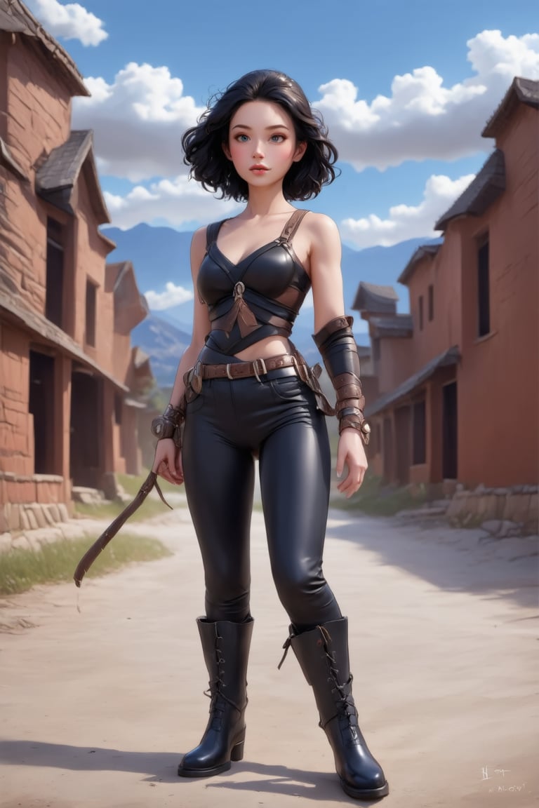 women. beautiful detailed face, black hair, pale skin, light skin, realistic skin, detailed fabric texture, detailed hair texture, perfect proportion, accurate, anatomically correct, highly detailed skin and face texture, modern, photorealistic, perfect face, hyper realism, mega realism, high quality. warrior, ancient mongolia, messy hairstyle. whole body. black pants, black boots,digital art