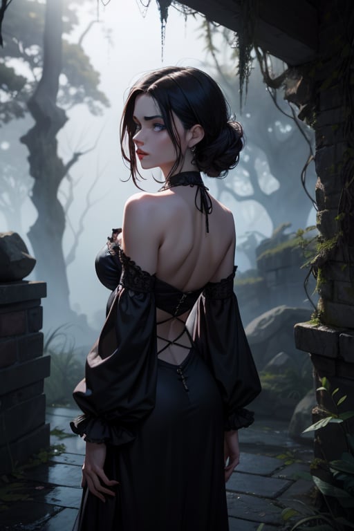 A moody, atmospheric shot of a stunning Argentinean Gothic beauty. The subject's extremely pale skin glows against the dark, misty background, while her vibrant red lips stand out like a beacon. Her raven-black locks cascade down her back like a waterfall of night, framing her striking features. Her piercing blue eyes seem to gleam with an otherworldly intensity. The lighting is dim and mystical, casting long shadows across her face. She's posed against a crumbling stone wall or ancient tree, surrounded by overgrown foliage and eerie silence.