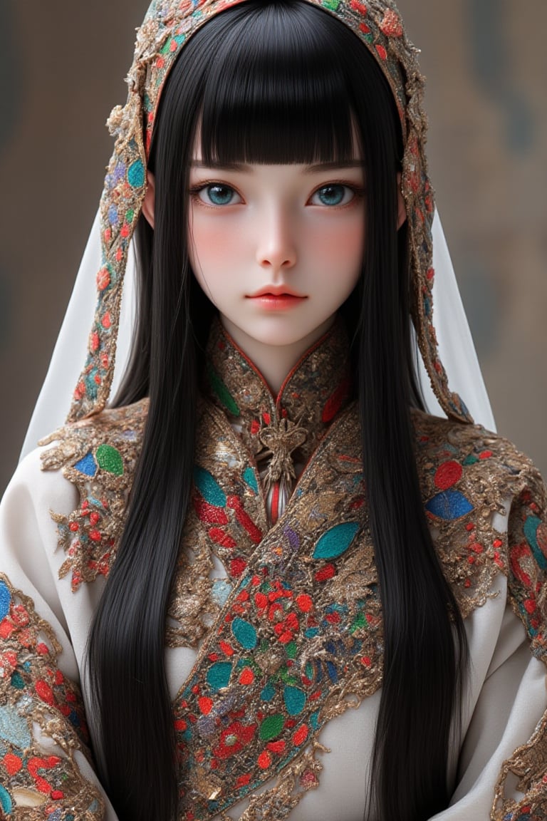 Anime,Super detailed, super realistic, beautiful Nordic girl with long hair and blunt bangs,
 Wearing ancient national costume, long straight black hair, Yakut national costume, (beautiful blue eyes), almond eyes, intricate textiles decorated with colorful and intricate geometric patterns, arms decorated with decorative embroidery.
Beautiful crystal blue eyes, almond eyes, complex fabric decorated with colorful and intricate geometric patterns, white, red and green and other earth tones clothes,, aw0k euphoric style,, perfect imitation of TaisaSDXL, dal, ct-identityV2