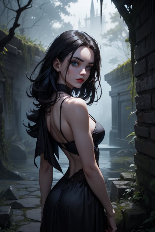 A moody, atmospheric shot of a stunning Argentinean Gothic beauty. The subject's extremely pale skin glows against the dark, misty background, while her vibrant red lips stand out like a beacon. Her raven-black locks cascade down her back like a waterfall of night, framing her striking features. Her piercing blue eyes seem to gleam with an otherworldly intensity. The lighting is dim and mystical, casting long shadows across her face. She's posed against a crumbling stone wall or ancient tree, surrounded by overgrown foliage and eerie silence.