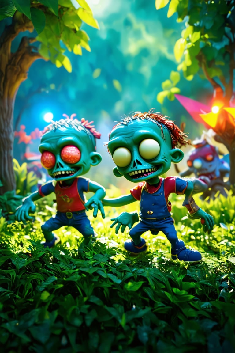 a lush garden, cute cartoon zombies, a battle scene, vibrant colors, 3d rendering, volumetric lighting, dynamic composition, highly detailed, intricate background, playful and whimsical atmosphere, (best quality,4k,8k,highres,masterpiece:1.2),ultra-detailed,(realistic,photorealistic,photo-realistic:1.37),fantasy,concept art