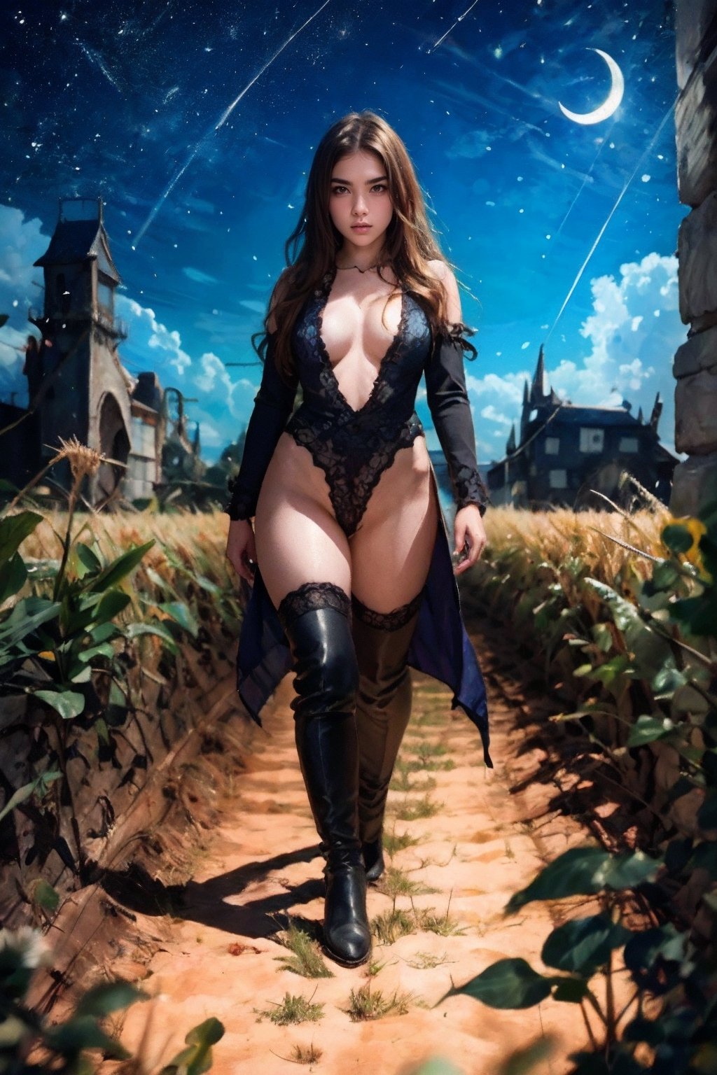 Wide shot, Best quality, high-res, a cute young woman,, scary, horror, full body shot, in the middle of cornfield, night, artstation, epic, high-detailed,no_clothes,Masterpiece,renaissance,th1nsh1rtng,1970's Horror Style,disney pixar style