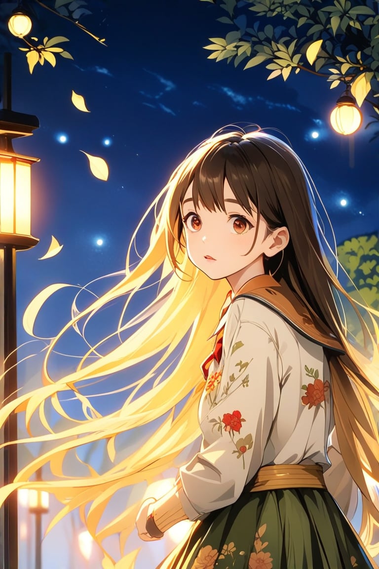 1 girl, portrait, anime style, night light, charming, nature 