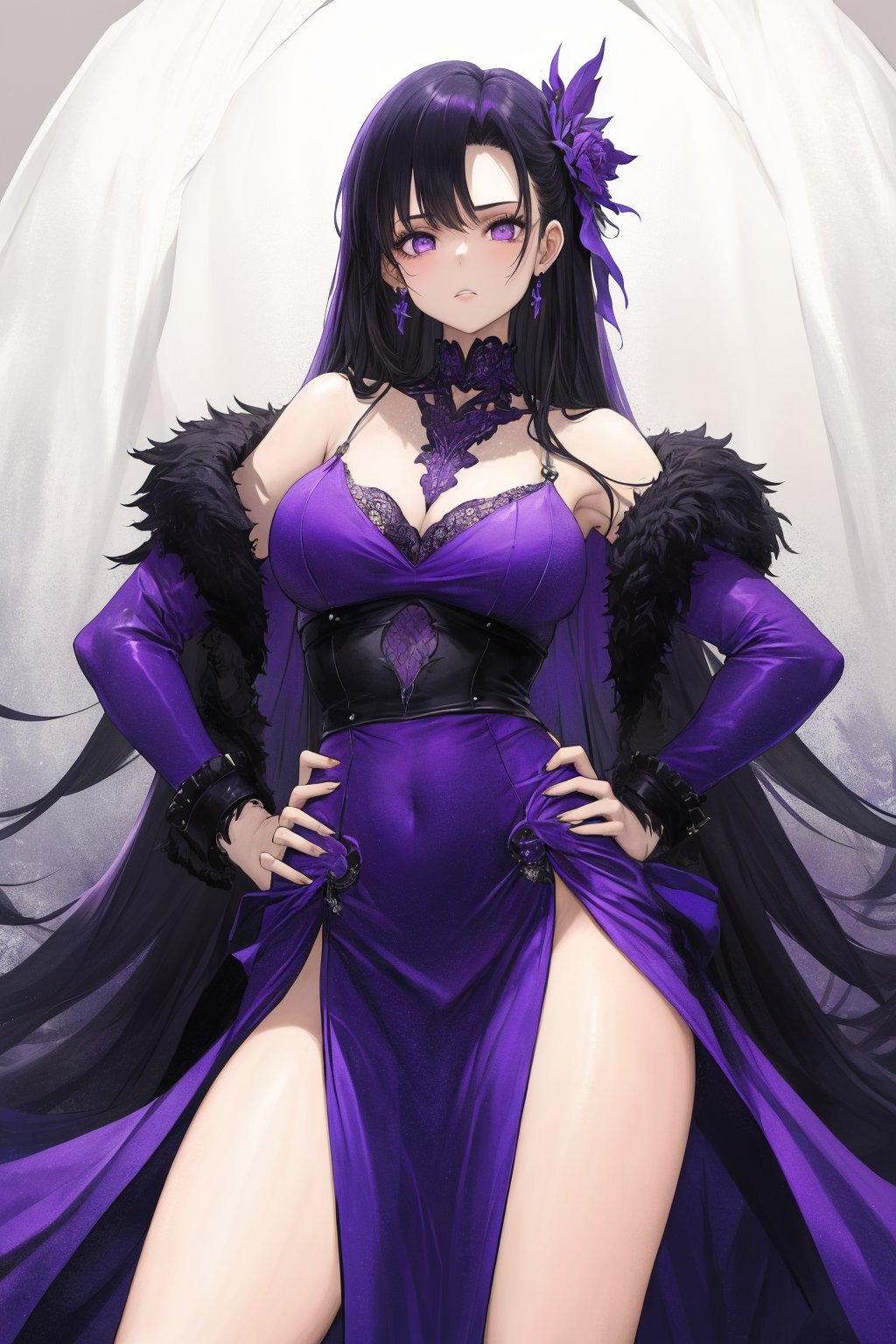 masterpiece, best quality, 1girl, dress, long hair, purple eyes, hands on hips