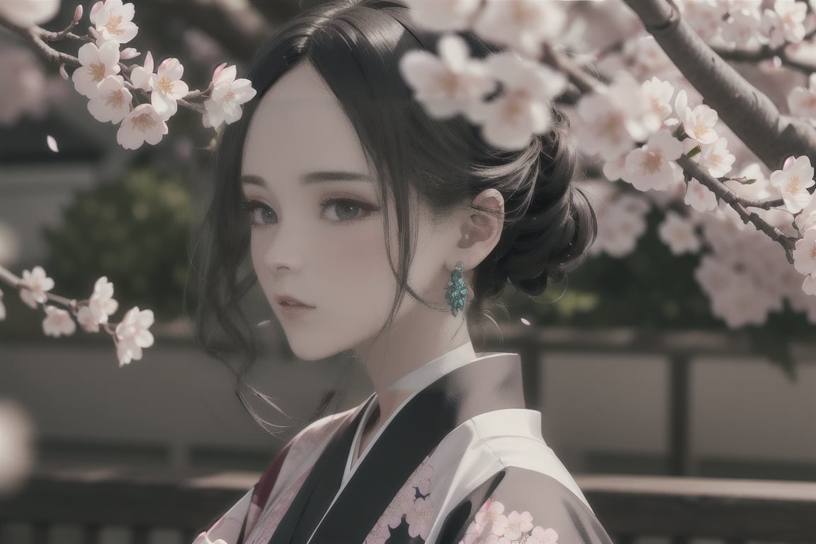 ((masterpiece: 1.2)), beautiful and aesthetic girl, ((1girl)), extreme detailed, highest detailed image, ((detailed eyes)), ((light particles)), kimono, jewelry, sexy, cherry blossom, cherry blossoms, mdeium shot.