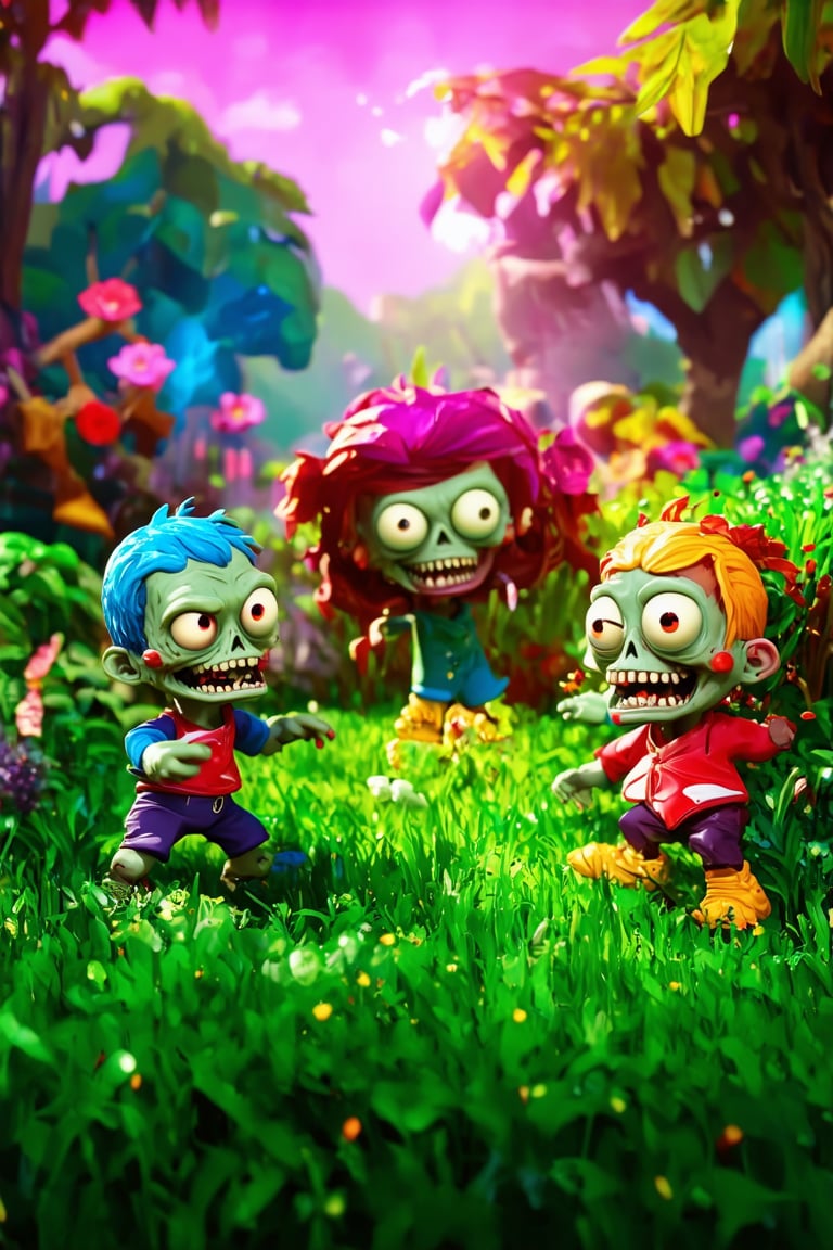 a lush garden, cute cartoon zombies, a battle scene, vibrant colors, 3d rendering, volumetric lighting, dynamic composition, highly detailed, intricate background, playful and whimsical atmosphere, (best quality,4k,8k,highres,masterpiece:1.2),ultra-detailed,(realistic,photorealistic,photo-realistic:1.37),fantasy,concept art