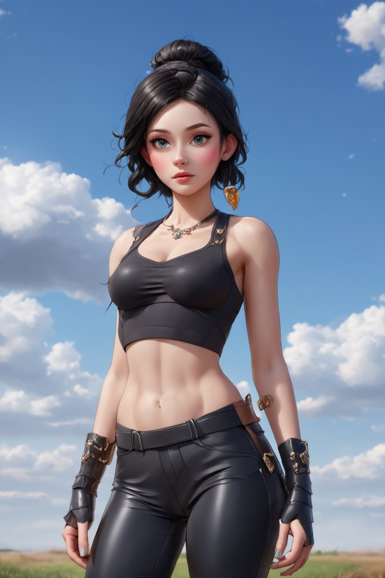 women. beautiful detailed face, black hair, pale skin, light skin, realistic skin, detailed fabric texture, detailed hair texture, perfect proportion, accurate, anatomically correct, highly detailed skin and face texture, modern, photorealistic, perfect face, hyper realism, mega realism, high quality. warrior, ancient mongolia, messy hairstyle. whole body. black pants, black boots,digital art