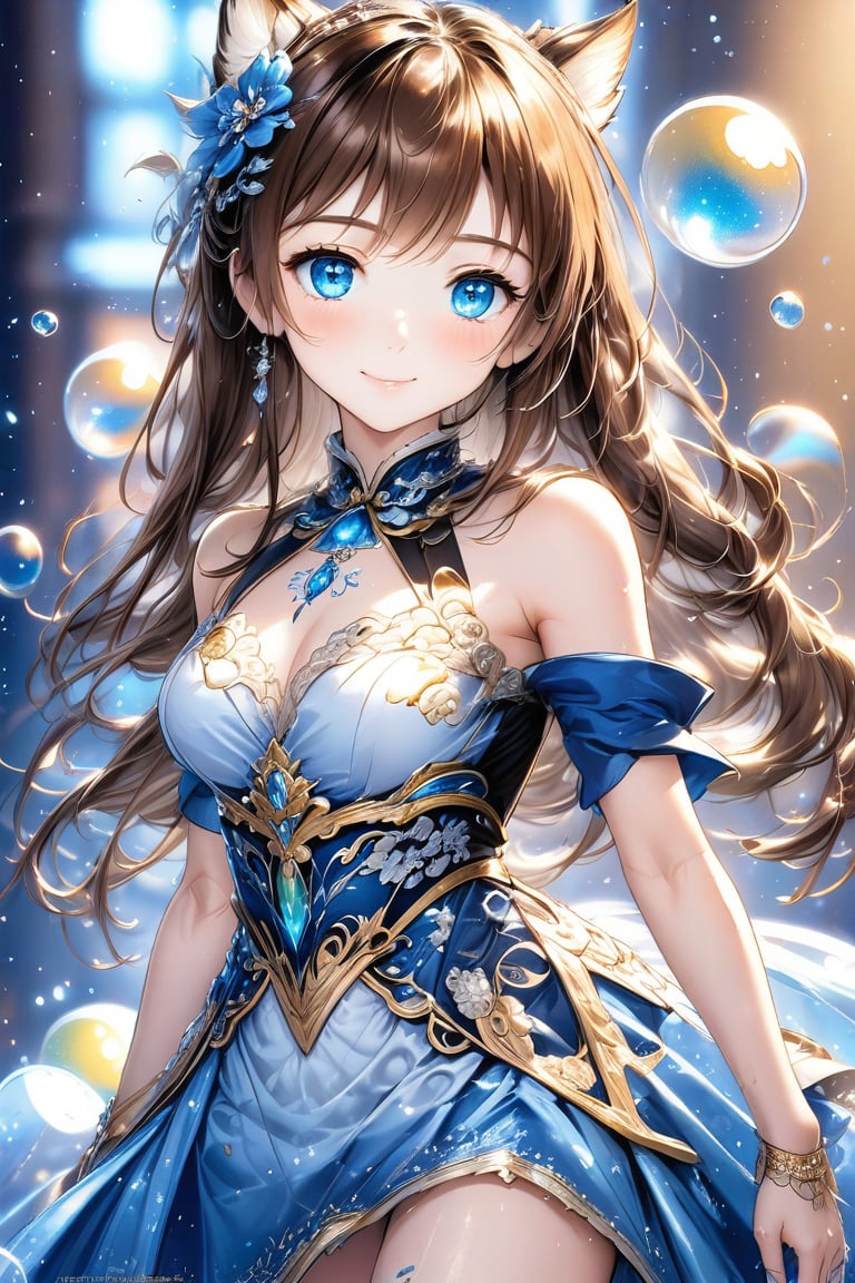 Beautiful girl, he is very cute, brown hair, blue eyes, she wears a very luxurious outfit. Upper body, detailed image, detailed skin, looking at viewer. Walking, ((masterpiece: 1.2)), light particles, ink droplets in background, Anime style.