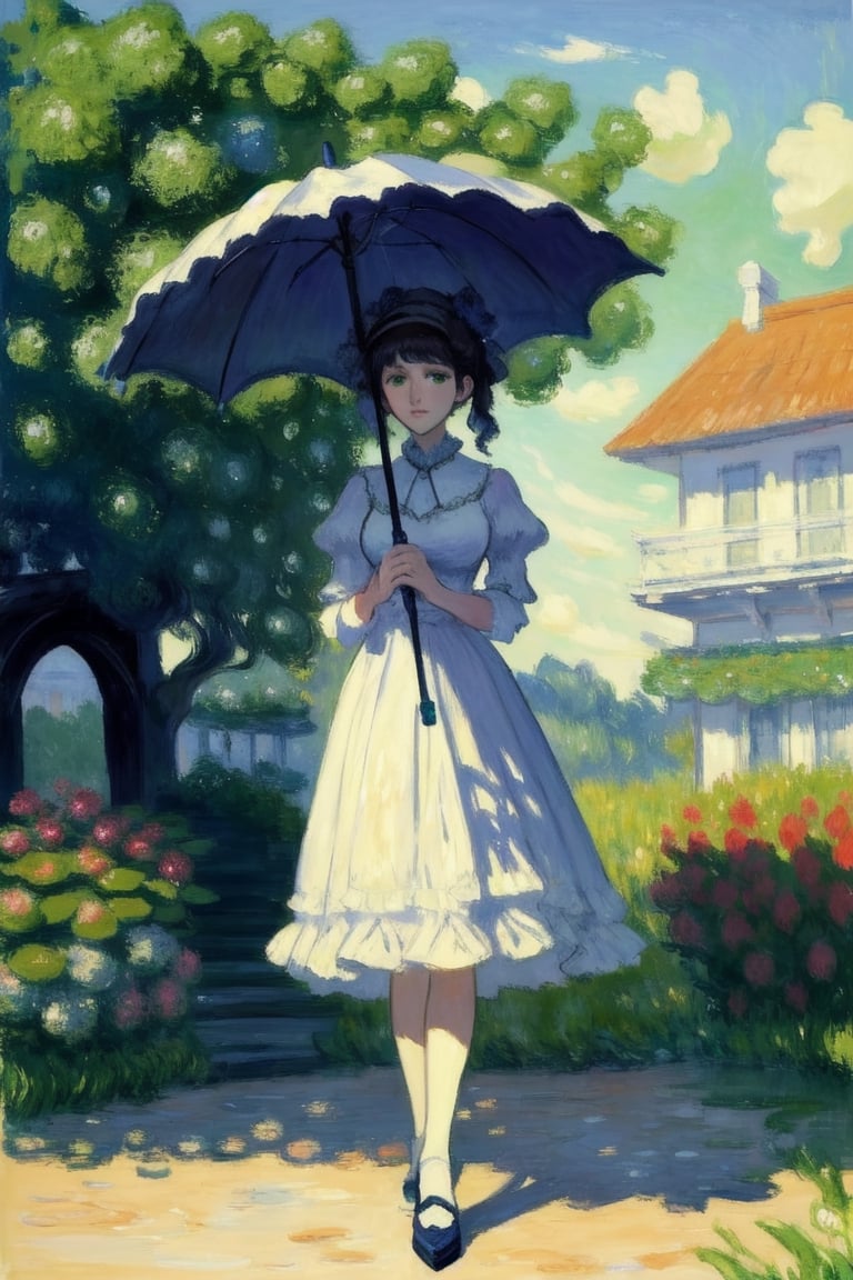 painting of a woman in a white dress holding a green umbrella, standing with a parasol, monet painting, monet painted, by claude monet, by Claude Monet, charles monet, style of monet, claude monet), by Monet, an impressionist painting, by Blanche Hoschedé Monet, calude monet style, style of claude monet, monet. stunning lighting,