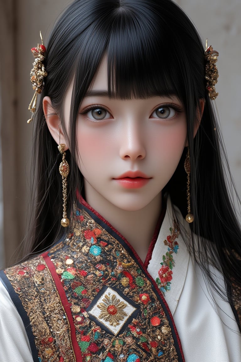 Anime,Super detailed, super realistic, beautiful Nordic girl with long hair and blunt bangs,
 Wearing ancient national costume, long straight black hair, Yakut national costume, (beautiful blue eyes), almond eyes, intricate textiles decorated with colorful and intricate geometric patterns, arms decorated with decorative embroidery.
Beautiful crystal blue eyes, almond eyes, complex fabric decorated with colorful and intricate geometric patterns, white, red and green and other earth tones clothes,, aw0k euphoric style,, perfect imitation of TaisaSDXL, dal, ct-identityV2