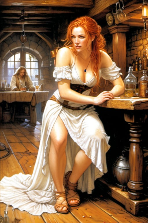 Crawling woman cleaning the tavern floor with a wet rag watched by a man.,((Beautiful young thick freckled ginger woman,pale skin,face of Rachel Harris,shoulder length hair,dirty white short wench dress)) ,Watched by,((An old,bald and ugly merchant in expensive clothing)),in the tavern.,(((Luis Royo style illustration,detailed background,dark fantasy,color pencil drawing