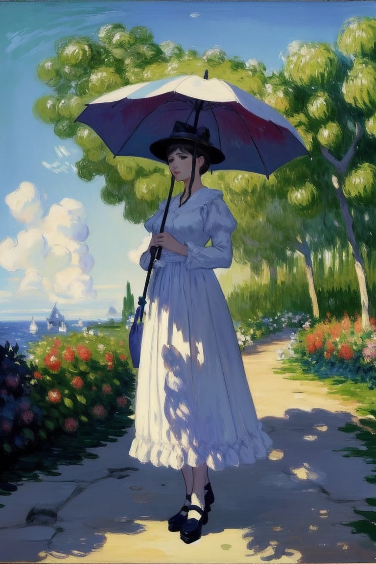 painting of a woman in a white dress holding a green umbrella, standing with a parasol, monet painting, monet painted, by claude monet, by Claude Monet, charles monet, style of monet, claude monet), by Monet, an impressionist painting, by Blanche Hoschedé Monet, calude monet style, style of claude monet, monet. stunning lighting,