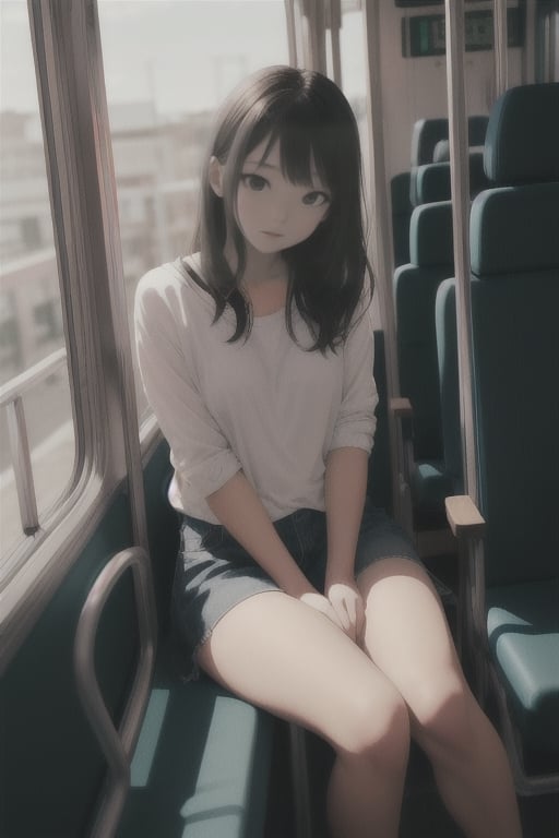 cute girl sitting on a bus, natural lighting from window, 35mm lens, soft and subtle lighting, girl centered in frame, shoot from eye level, incorporate cool and calming colors,hentai