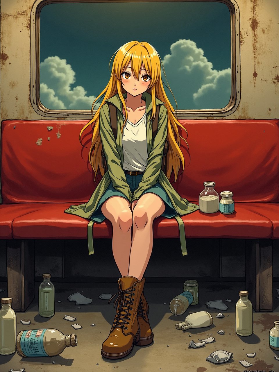 Anime style by Masamune Shirow. A blonde woman, sitting on train, red interior, rust, garbage on the floor, broken bottles.  She wear a backpack and hicking boots.