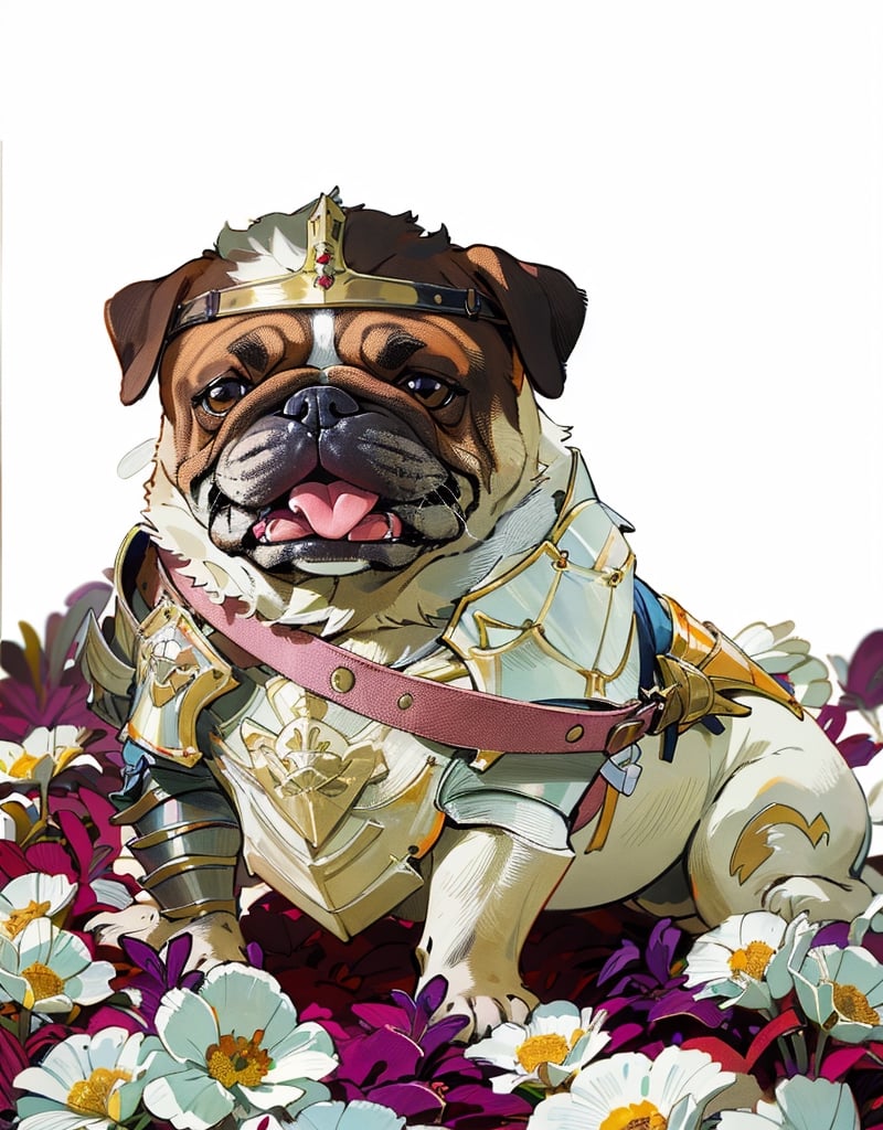 (best quality, masterpiece), dog, bulldog, white bulldog, tounge, belt, short leg, medieval armor, head armor, head gear, shoulder armor