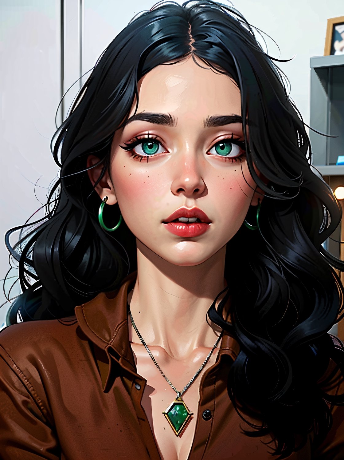 (masterpiece, best quality, ultra-detailed, 8K), black long hair, wavy hair, red lips, seductive eyes, sharp eyeliner, narrow eyes, emerald pendant, muted green eyes