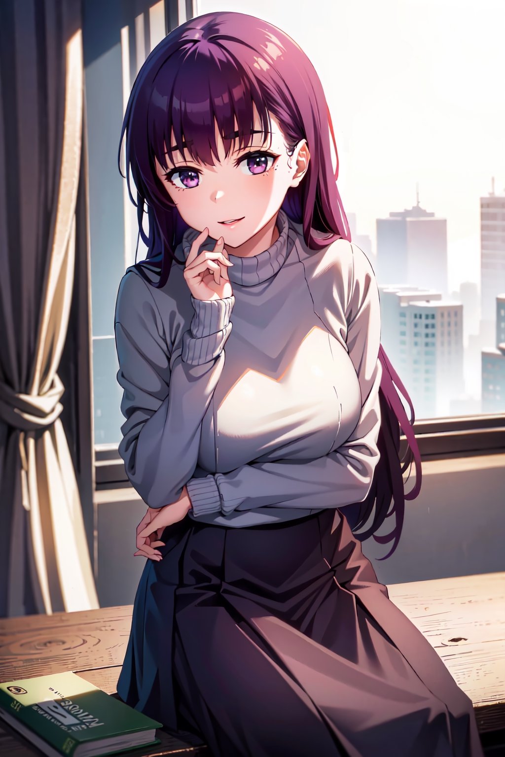 (masterpiece, Best  Quality,  High Quality,  Best Picture Quality Score: 1.3),  (Sharp Picture Quality),  Perfect Beauty: 1.5,dark purple Hair,long hair    One,  Beautiful Girl,Cute,long Skirt,Very Beautiful View, beauty_mark, stockings, Hazuki, legs,   1girl. , smile,  masterpiece,  bedroom, ,masterpiece, sitting_down, side view composition, boyfriend_sweater,