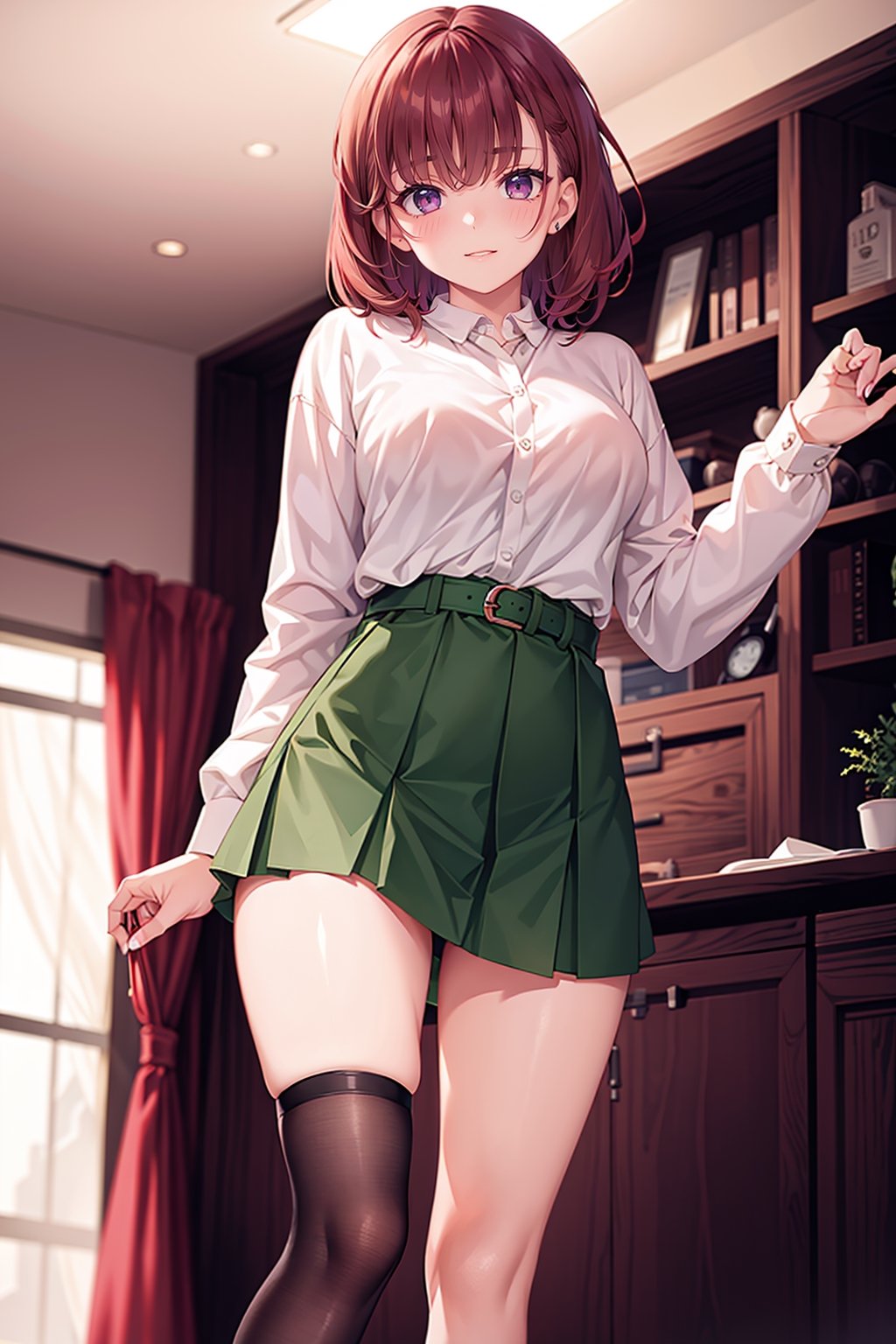 (red_brown)hair , short cut hair,   1girl,  purple_eyes , ,masterpiece,  , blushing, ,best quality,   ,     messy_hair,  
best quality,  ,incredibly absurdres,    ,high detail eyes,  winter, , looking_pleased, pleasured_expression, green_skirt,   black_kneehighs, shoes, purpleeyes, standing PINK_BRA,