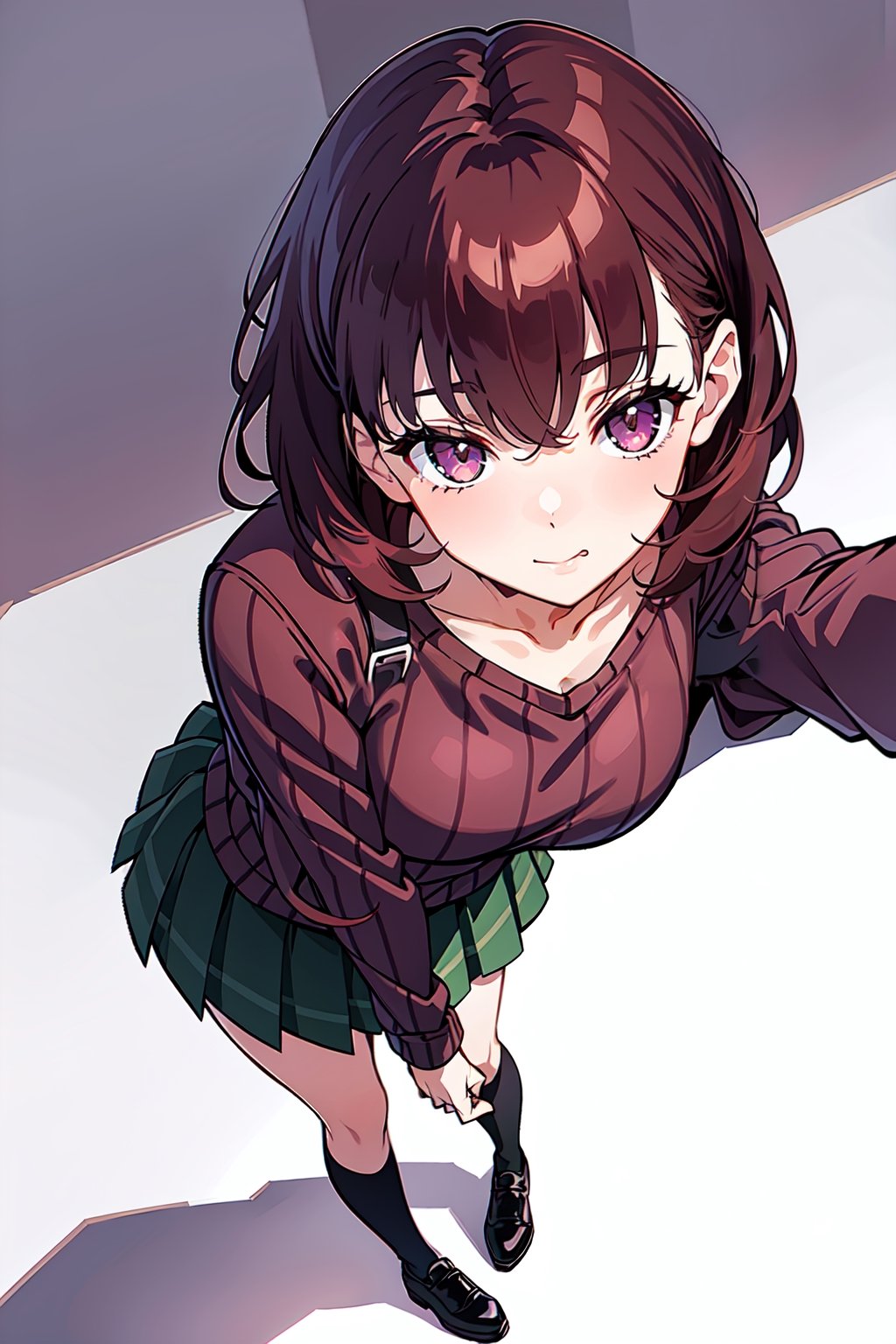 red brown hair, short cut hair,   1girl,  purple_eyes , ,masterpiece,  , blushing, ,best quality,   ,     messy_hair,  pouting, messy_clothes, 
best quality,  ,incredibly absurdres,    ,high detail eyes,  winter, , looking_pleased, pleasured_expression, green(half length skirt), ribbed_sweater, black_socks, shoes,standing, different view, different angle, purpleeyes, light_purple_eyes