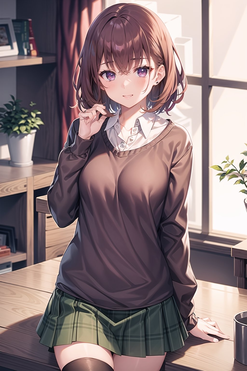 red brown hair, short cut hair,   1girl,  purple_eyes , ,masterpiece,  , blushing, ,best quality,   ,     messy_hair,  
best quality,  ,incredibly absurdres,    ,high detail eyes,  winter, , looking_pleased, pleasured_expression, green_skirt, ribbed_sweater,  black_kneehighs, shoes, purpleeyes, 