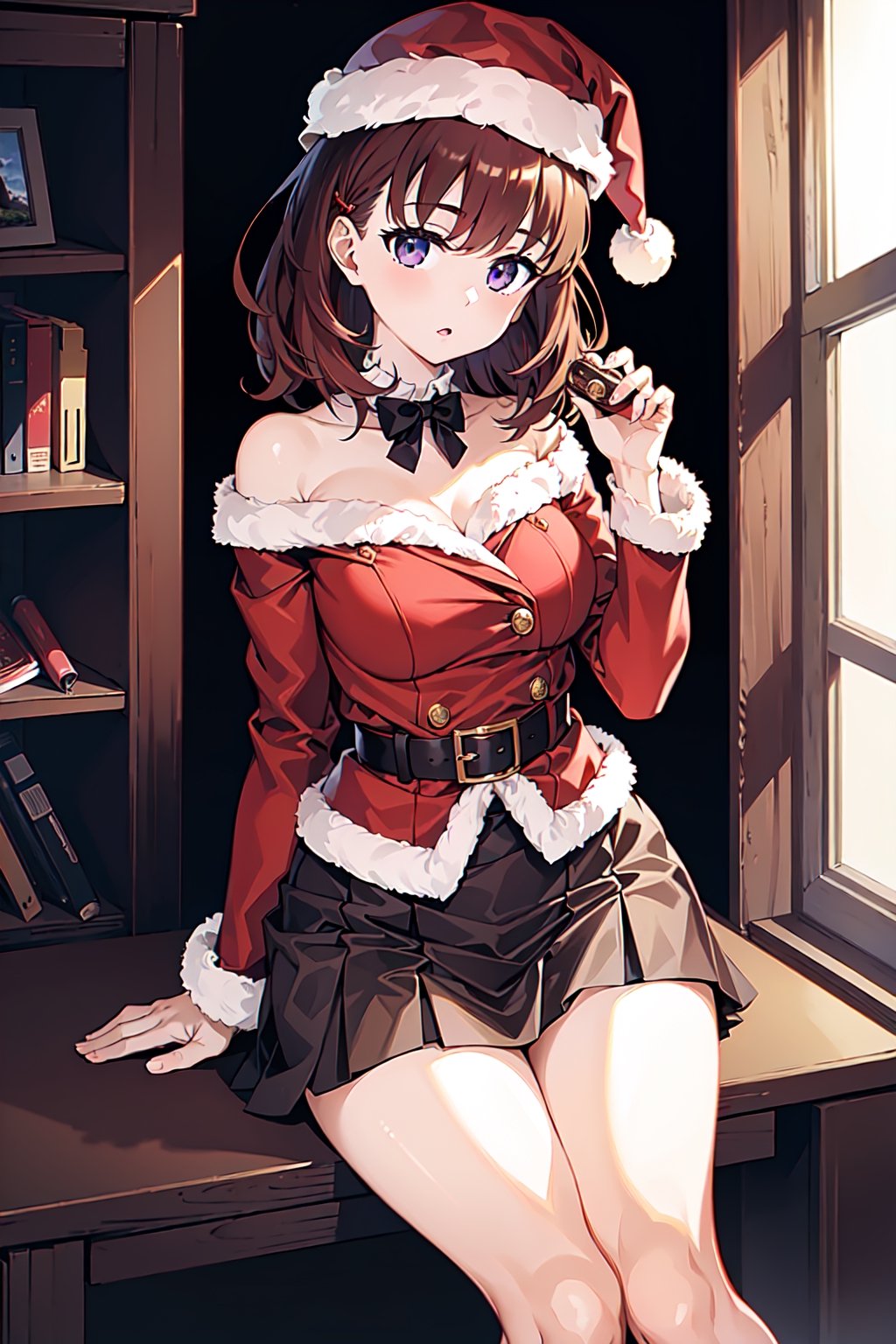 (Masterpiece,  Best Picture Quality,  Best Picture Quality Score: 1.3),  (Sharpest Picture Quality),  Perfect Beautiful Woman: 1.5,  red brown hair, short cbut hair,   1girl, purple eyes , santa_hat red_skirt,

