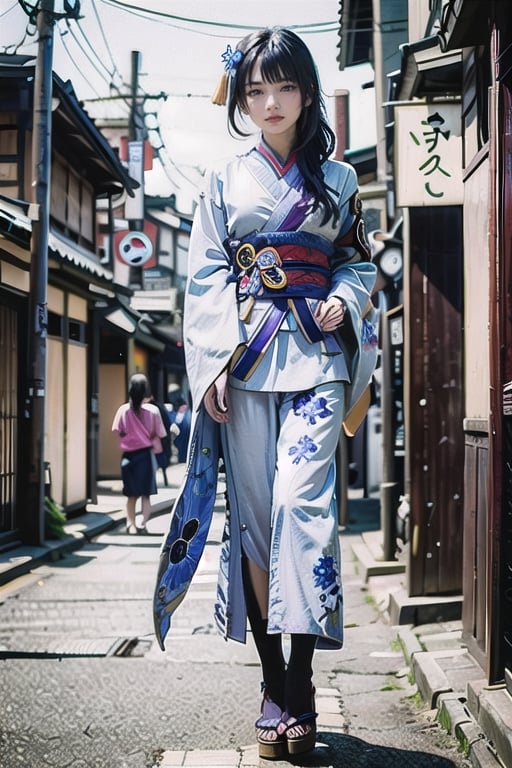 A 16 yo girl wearing a kimono stands on the streets of Kyoto, Japan in ancient times,raidenshogundef,1 girl